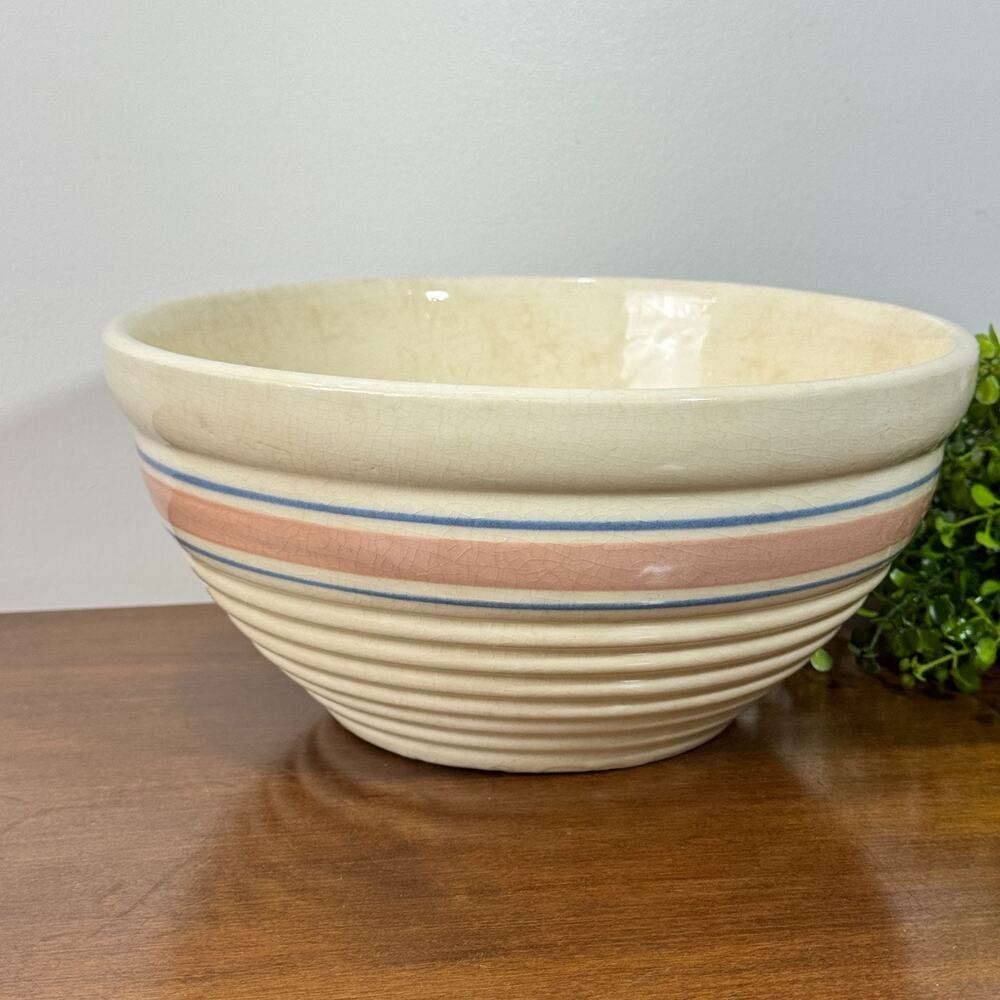 Vintage McCoy 9.5" Pink Blue Stripes Ribbed Mixing Bowl USA Pottery Beehive